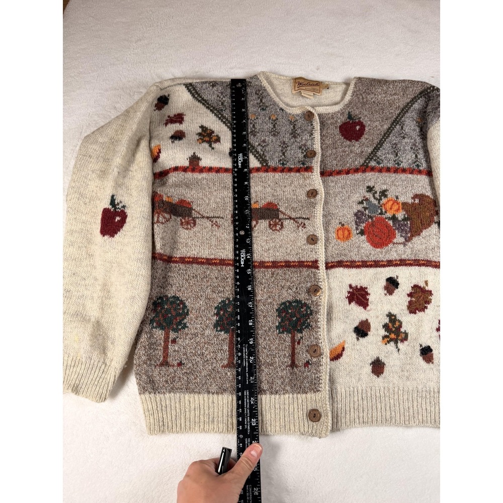 Woolrich Cardigan Sweater Womens Large Beige 100% Wool Fall Harvest Apple Knit - Picture 12 of 16